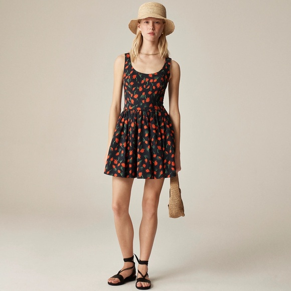 New J.CREW Fit and Flare Mini Dress Painted Daisy Print Black Multi $148 CK810 - Picture 2 of 5